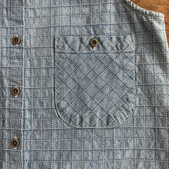 💀 SOLD 💀 Vintage 80s Denim Sleeveless Embroidered Grid Button Down Shirt USA ~ S - Picture 8 of 8